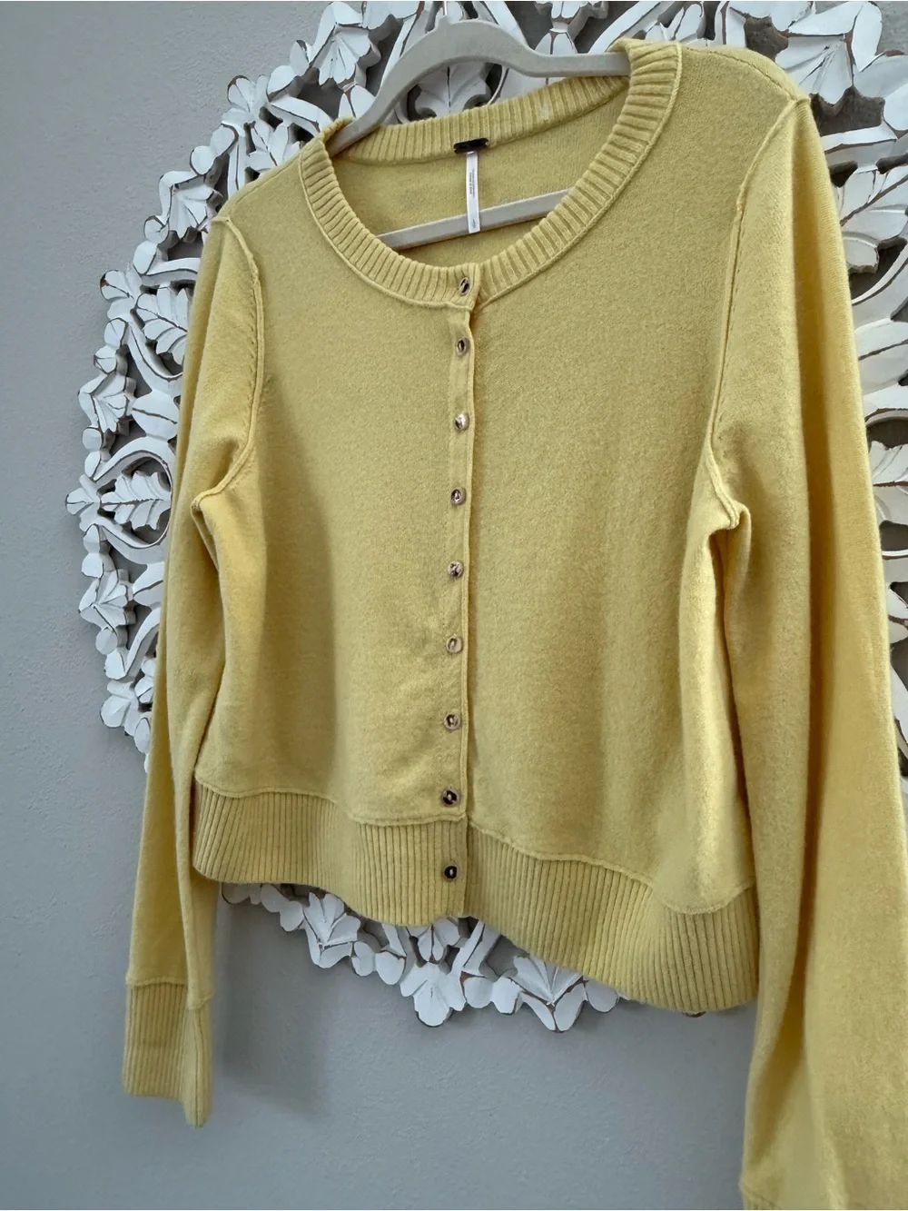 Free People Butter Yellow Wool Cardigan, Nocturnal Cardi Sweater, Large